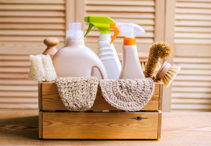 Cleaning products in a wooden box