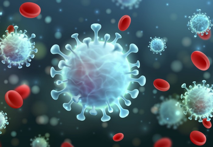 Coronavirus 2019-nCoV and Virus background with disease cells and red blood cell