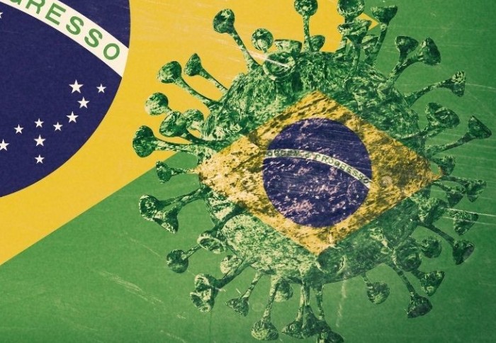 The Brazilian flag with the central icon altered to look like a virus