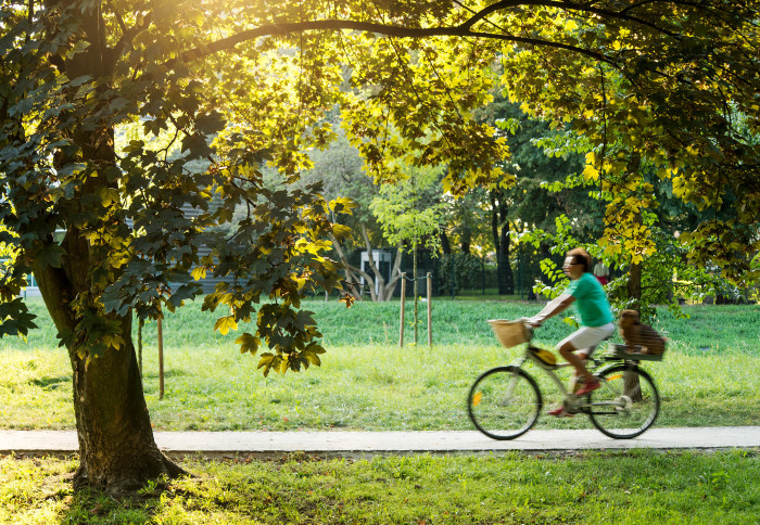 Woman cycling through a park