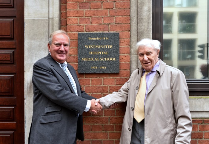 Current Dean Professor Jonathan Weber and former Westminster Dean, Dr Peter Emerson at the site of the Westminster Hospital Medical School