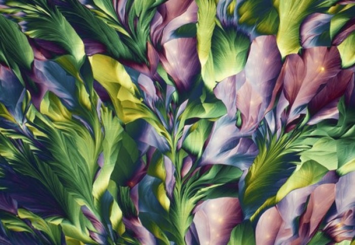 A painting of leaves in green and purple