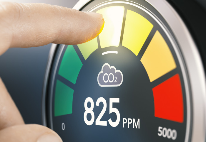 A finger hovering over a colour-coded CO2 monitor. It's a plastic box displaying CO2 concentration in parts per million. The result shows green, orange or red depending on the reading.