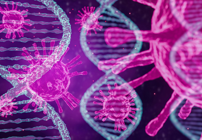 3D rendering of coronavirus and DNA