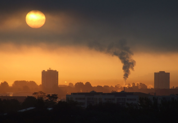 Air pollution seen during sunrise over Manchester