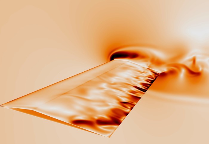 Image of shear forces acting on the helicopter blade and wind tunnel walls. The unsteady nature of the flow is apparent.