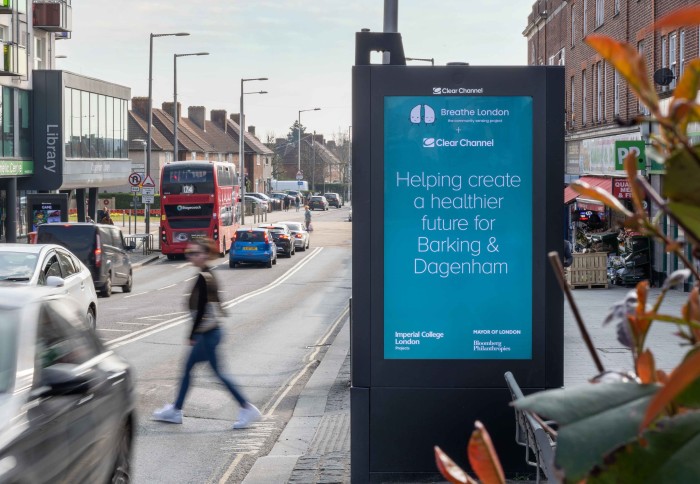 Clear Channel digital advertising board with a Breathe London air quality sensor