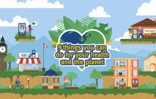 Logo for 9 things you can do for your health and the planet, showing stills from the animation - a vegetable shop, cyclist, green buildings and blue sky