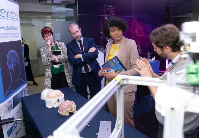 Professor Rodriguez y Baena explains his medical robotics research to the VIP guests at the Hamlyn Centre