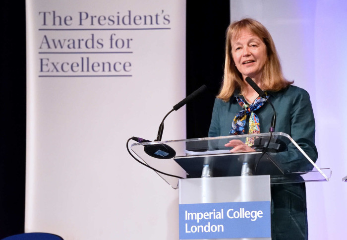 President Alice Gast standing in front of a sign reading 'President's Awards for Excellence'