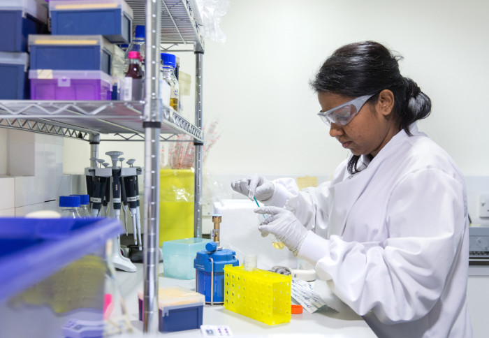 Researchers at lab bench