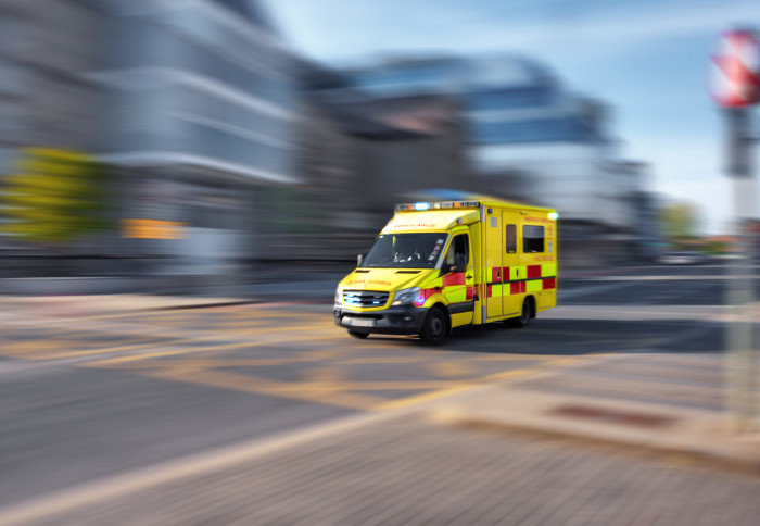 An ambulance attending an emergency call