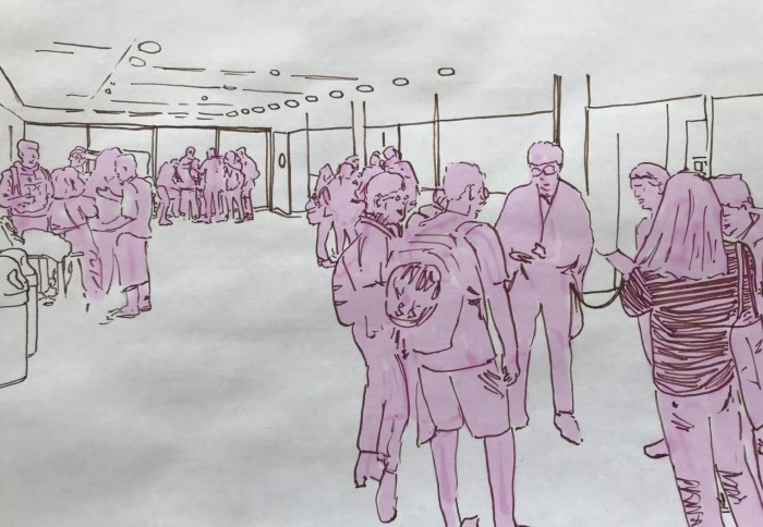 illustration of students gathered outside a lecture theatre