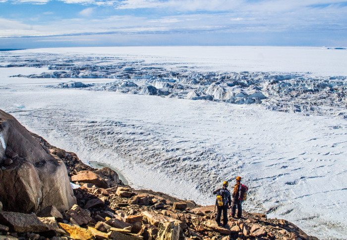 Scientists overlooking the edge of Mawson Glacier, East Antarctica