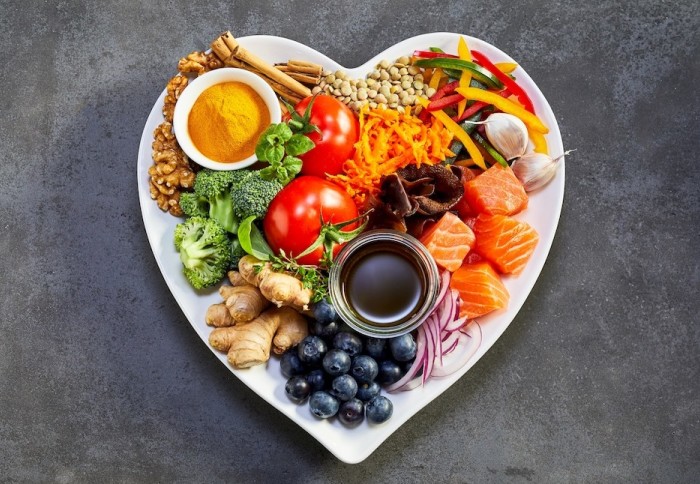 heart-shaped plate of healthy food