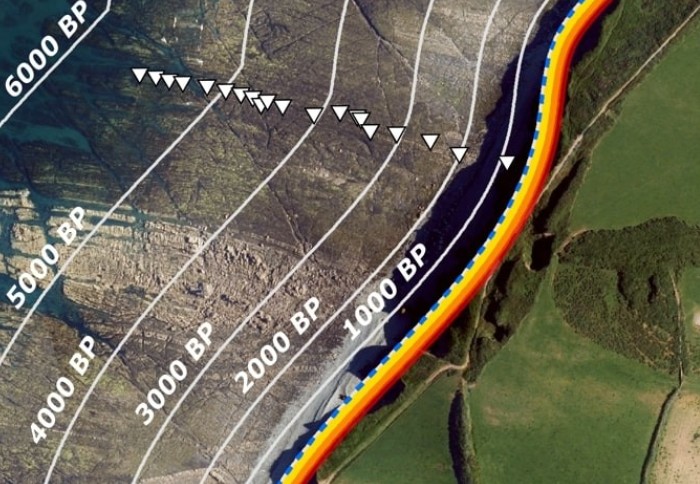 Past, present and forecast future cliff positions by 2100 at Bideford. RCP 8 (red lines) represents current trajectory of greenhouse gas emissions.