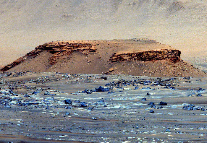 View of a small brown hill beyond grey sediments