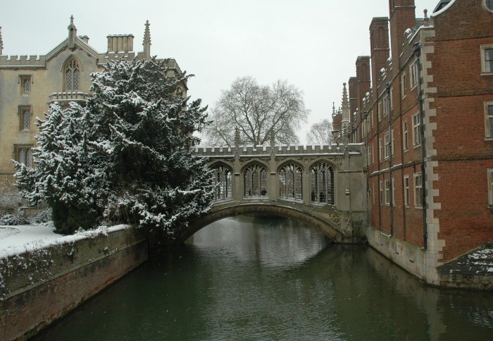 Snow on bridge in Cambridge