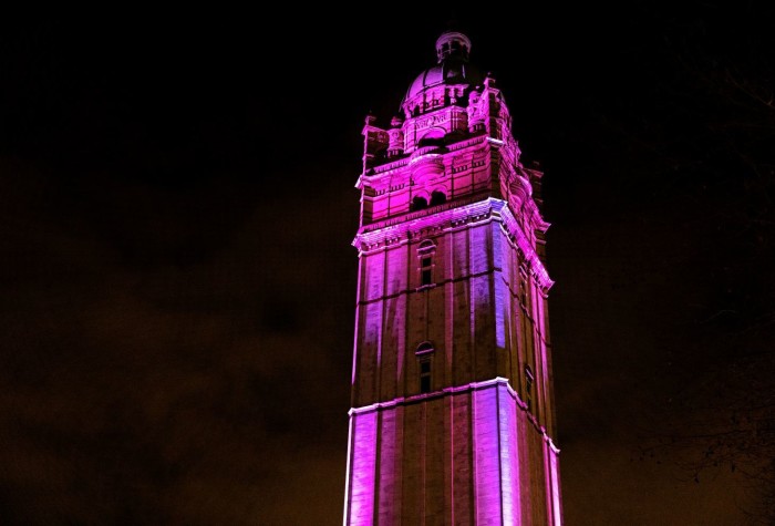 The Queen’s Tower lit up in purple for the International Day of Persons with Disabilities