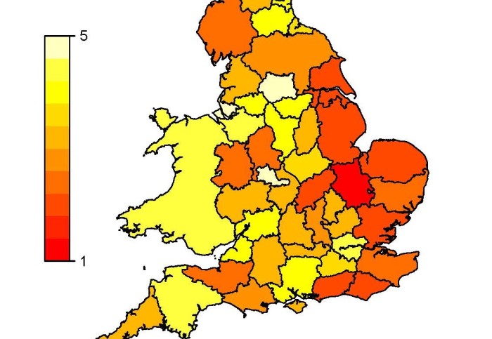 Map of England and Wales with regions coloured shades of red to yellow