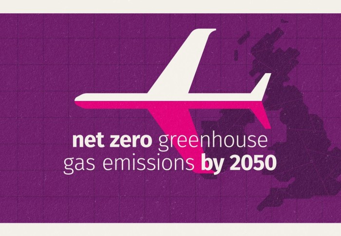 An infographic of a plane superimposed on the outline of the UK with the text "net zero greenhouse gas emissions by 2050"