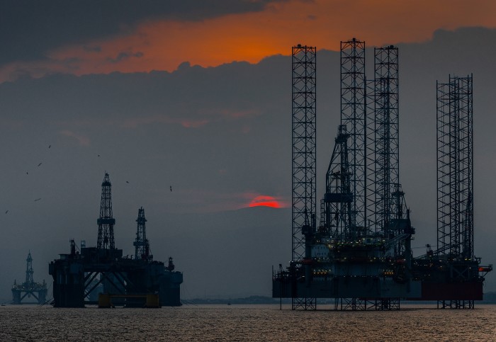 Oil rigs in the Comraty Firth, a Scottish arm of the North Sea. Photo by Ben Wicks.