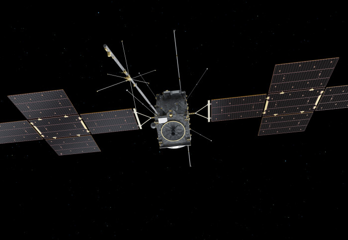 Illustration of a spacecraft with solar panels and booms deployed