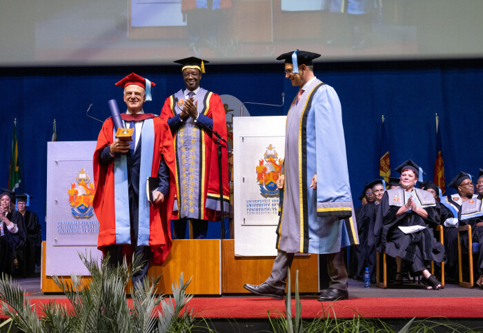 Professor Nabarro receiving his honorary degree at a graduation ceremony at the University of Pretoria