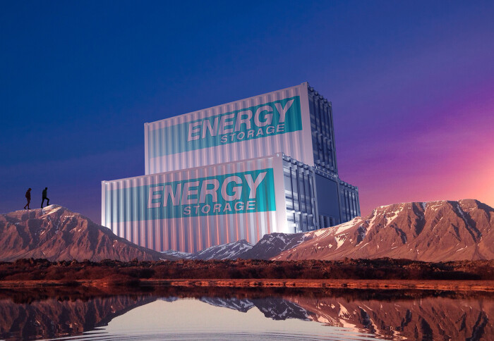 Undaunted collage showing two figures waling over mountains towards a huge energy storage unit