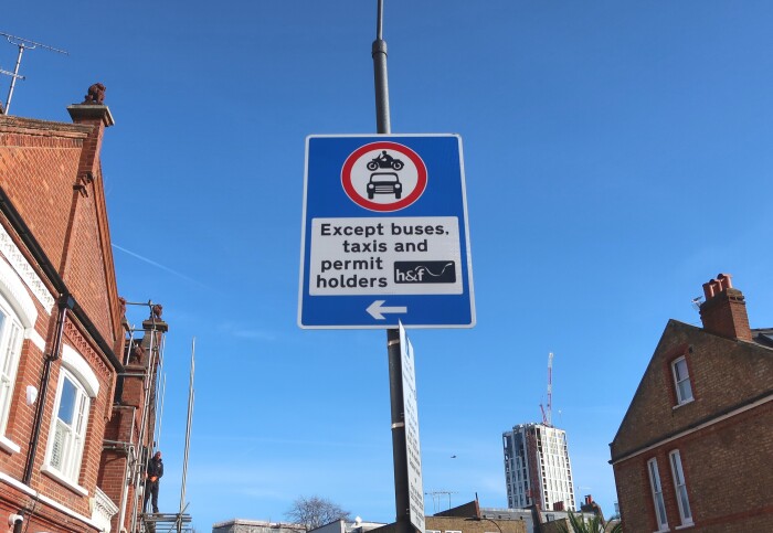 A sign in a low-traffic neighbourhood in the Hammersmith and Fulham borough.