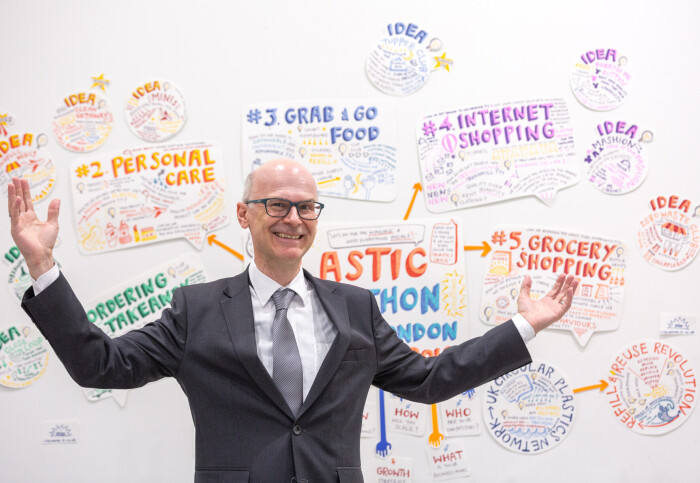 Professor Peter Childs standing in front of an illustrated mind map