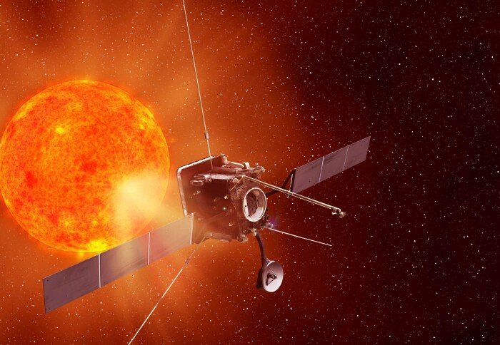 A CGI of the sun and a rocket