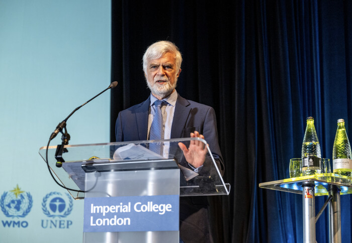 Professor Jim Skea, speaking at a podium and delivering the Dean's Annual Lecture 2024. The opening of Sustainability Fortnight at Imperial.