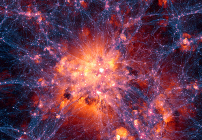 A simulation of dark matter and gas. Image credit: User921021/Wikimedia Commons