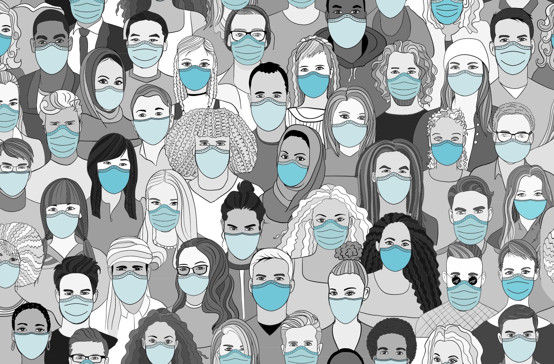 Greyscale illustration of mixed race people wearing blue medical masks