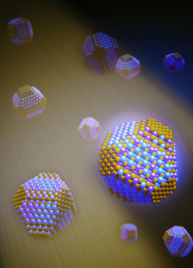 Artistic illustration of the homogenous cation distribution achieved inside the AgBiS2 nanocrystals. ©ICFO / Scixel.