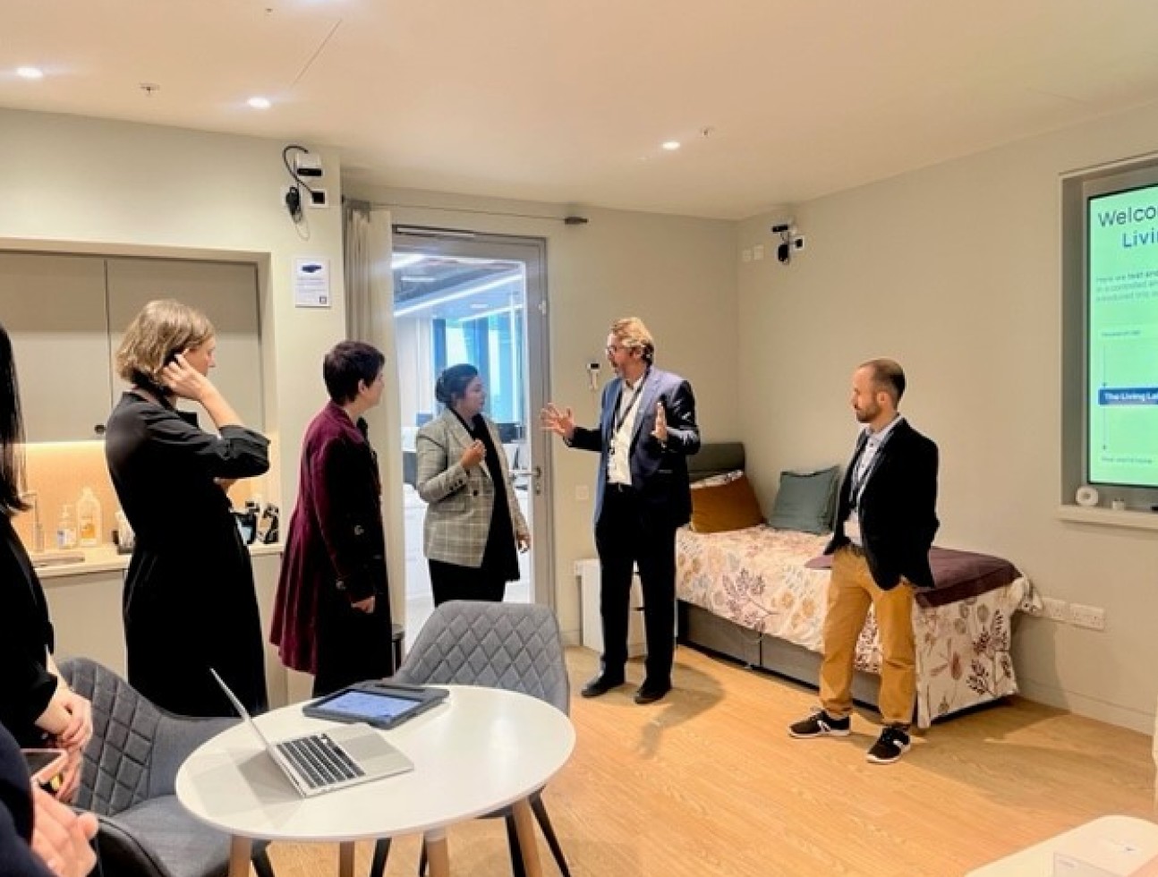 Nusrat Ghani MP speaking with Professor Dave Sharp, UKDRI Centre Director