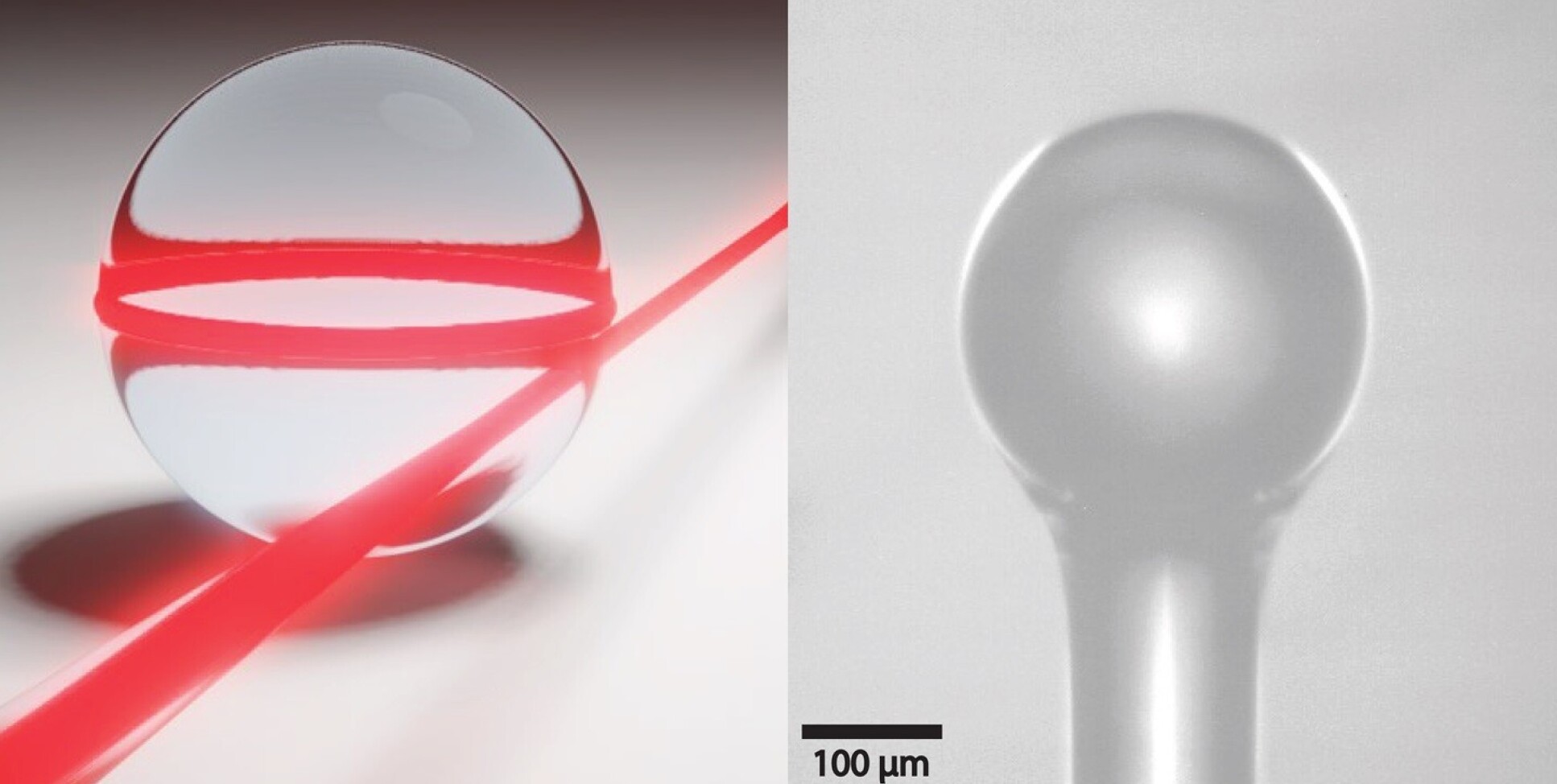 Illustration of a glass ball with a string of red light, and a glass tube with a rounded end