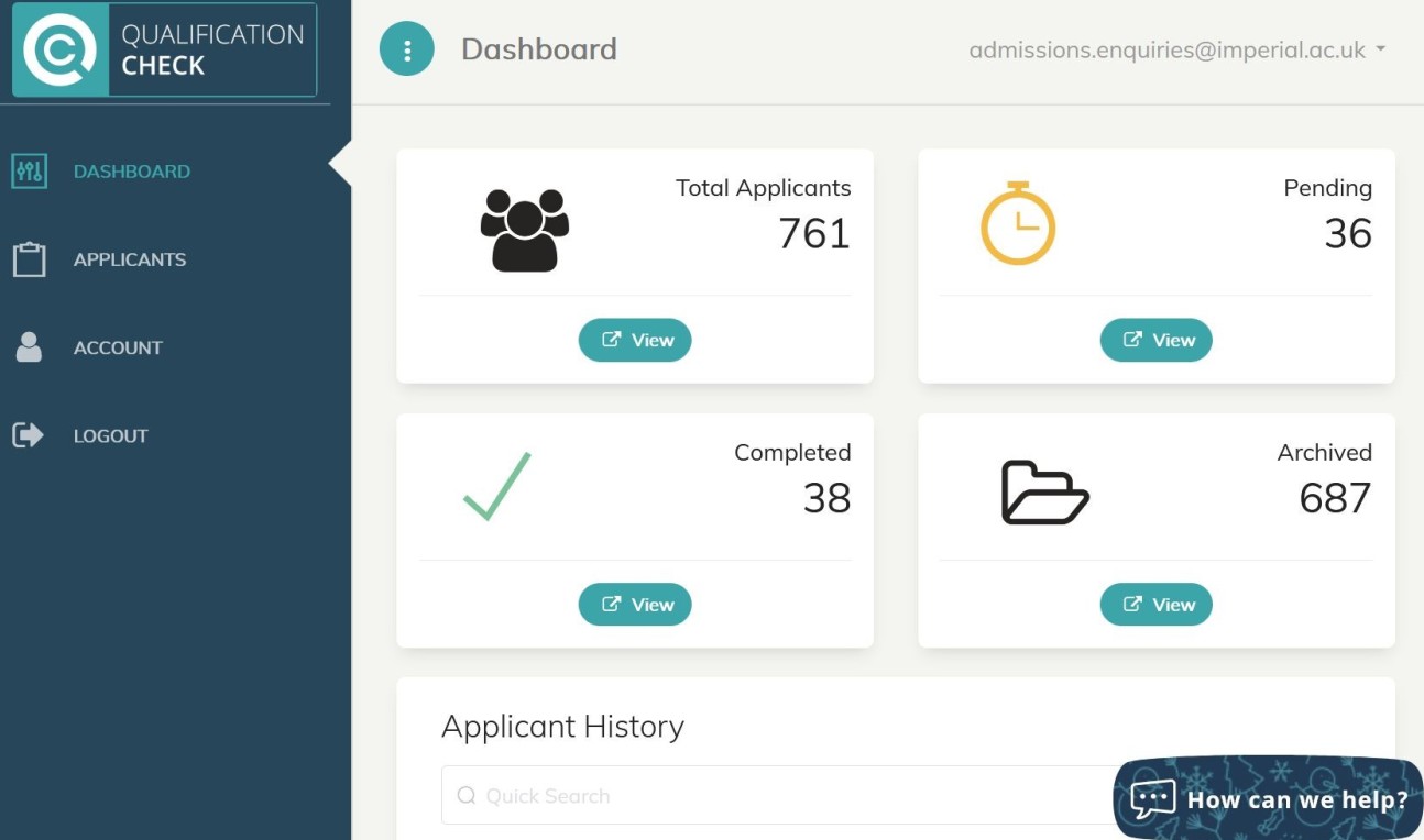 Qualification Check online dashboard showing different status of applicant qualification checks