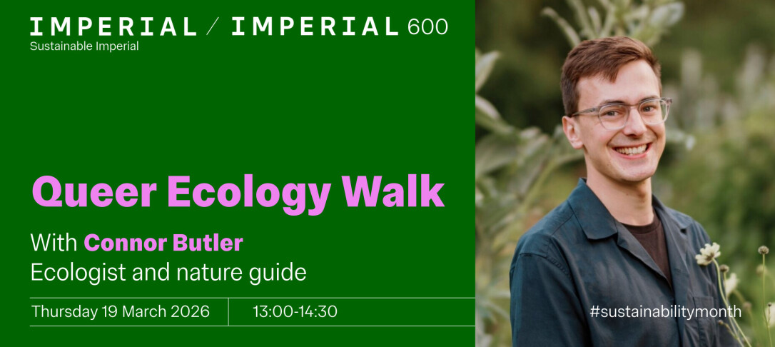 Queer Ecology Walk with Connor Butler. Dark blue text on light blue background with photo of smiling man 