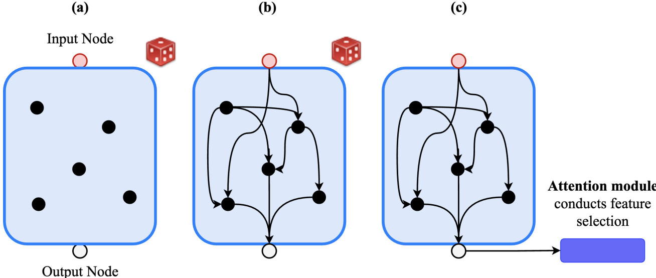 The process of generating a randomly connected deep-learning architecture. The red and the grey nodes are the input and the output nodes of the block, respectively. The black nodes are the convolution operations. The purple module is a multi-head self-attention module.