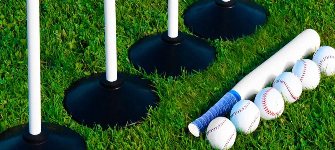 rounders post, bat and balls