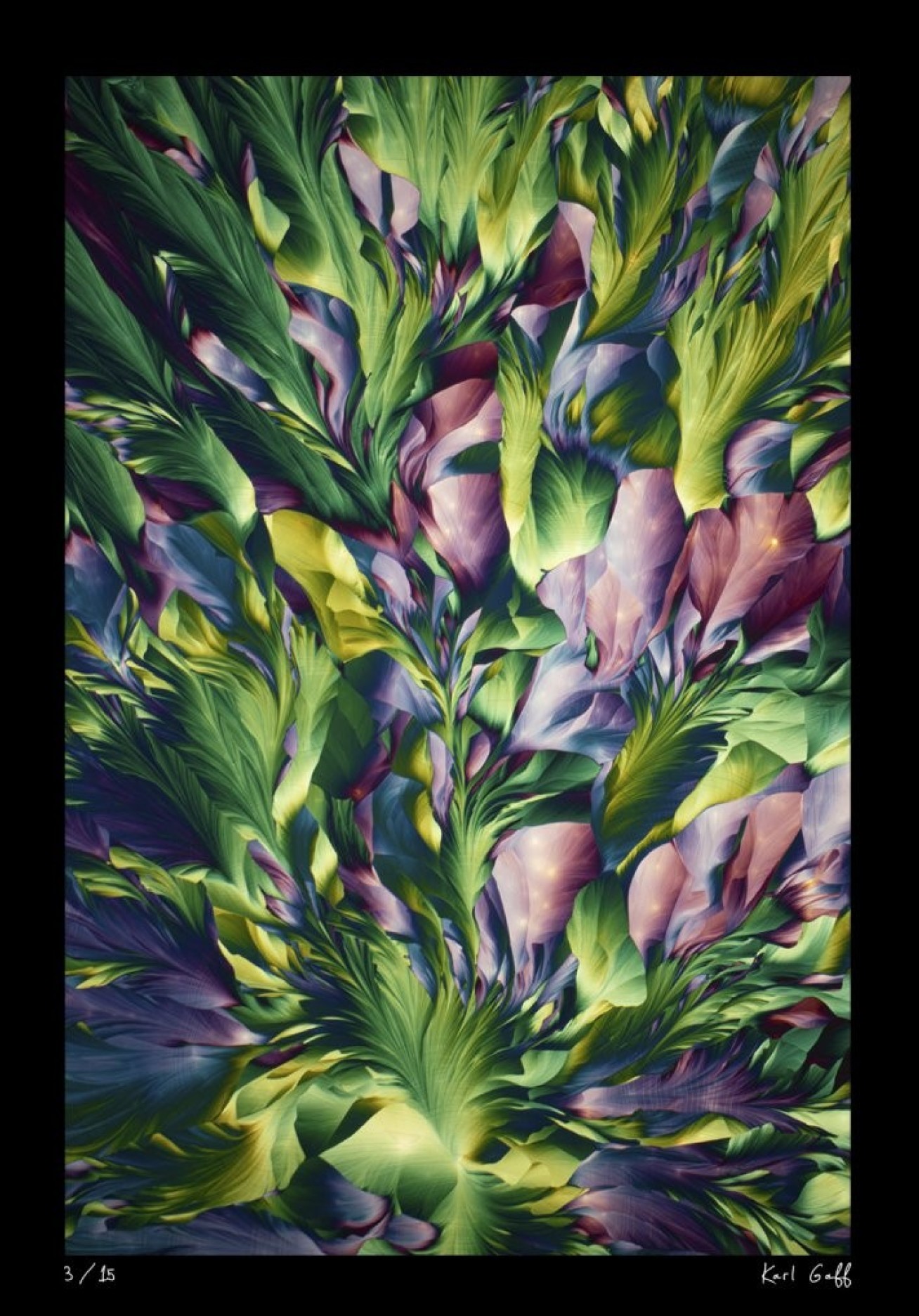 A painting of leaves in green and purple