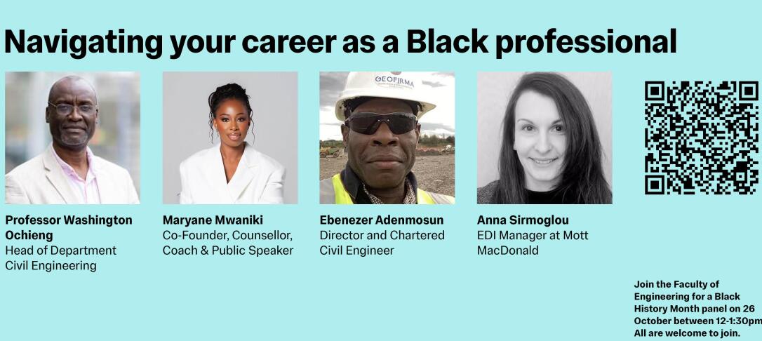 Slide containing the title of the event featuring photos of each panellist and chair