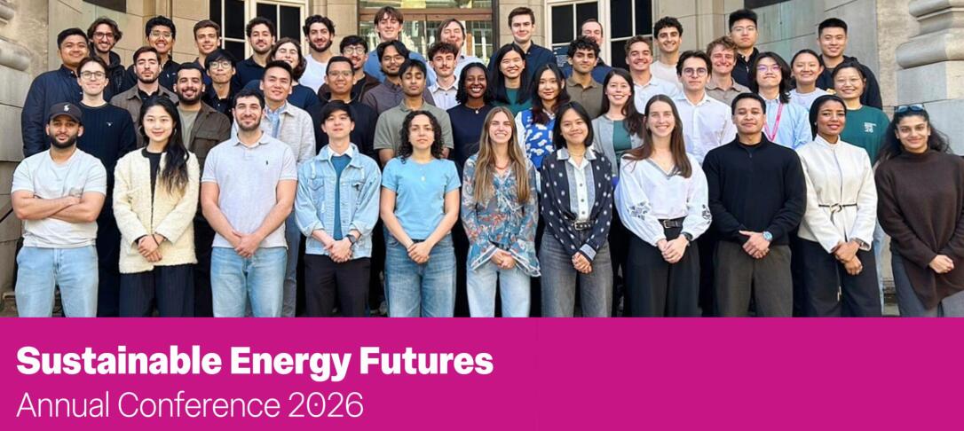 Photo of students gathered on steps. Text underneath reads Sustainable Energy Futures Conference 2026