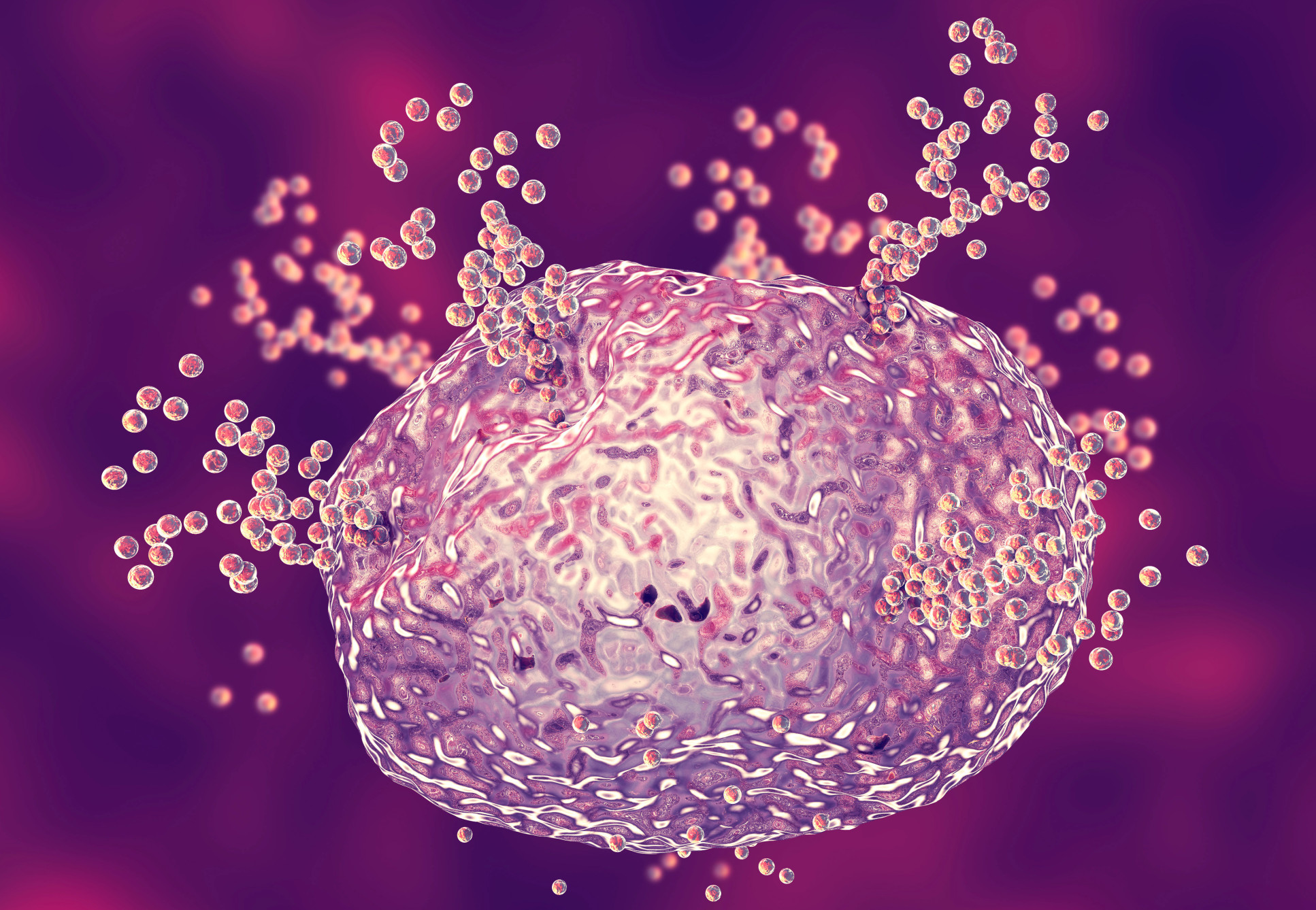3D rendering of a large cell (mast cell) releasing tiny molecules (histamine)