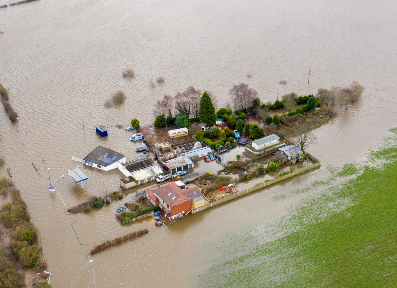 Aerial view of flooded village