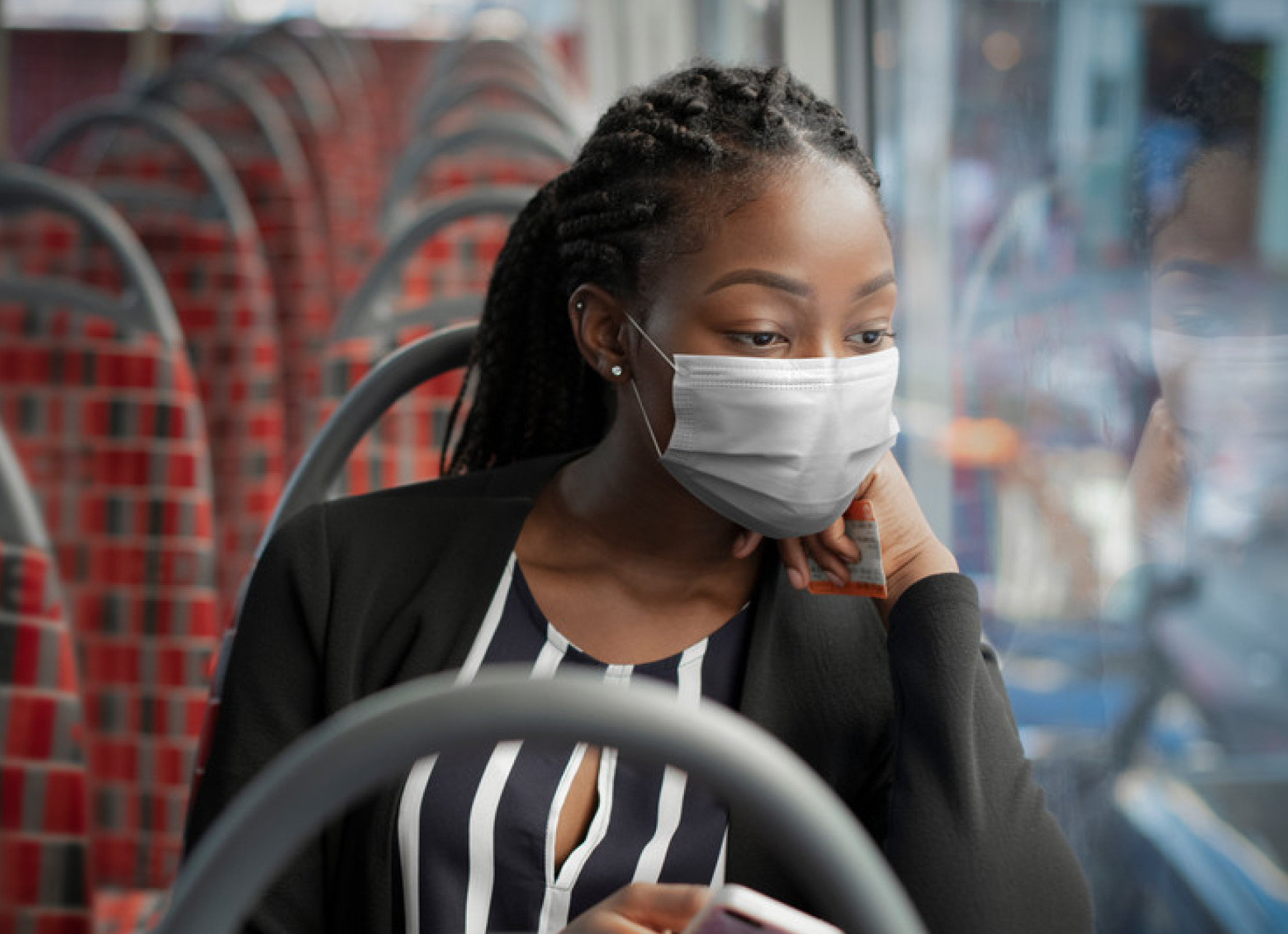 Woman wearing mask on a bus