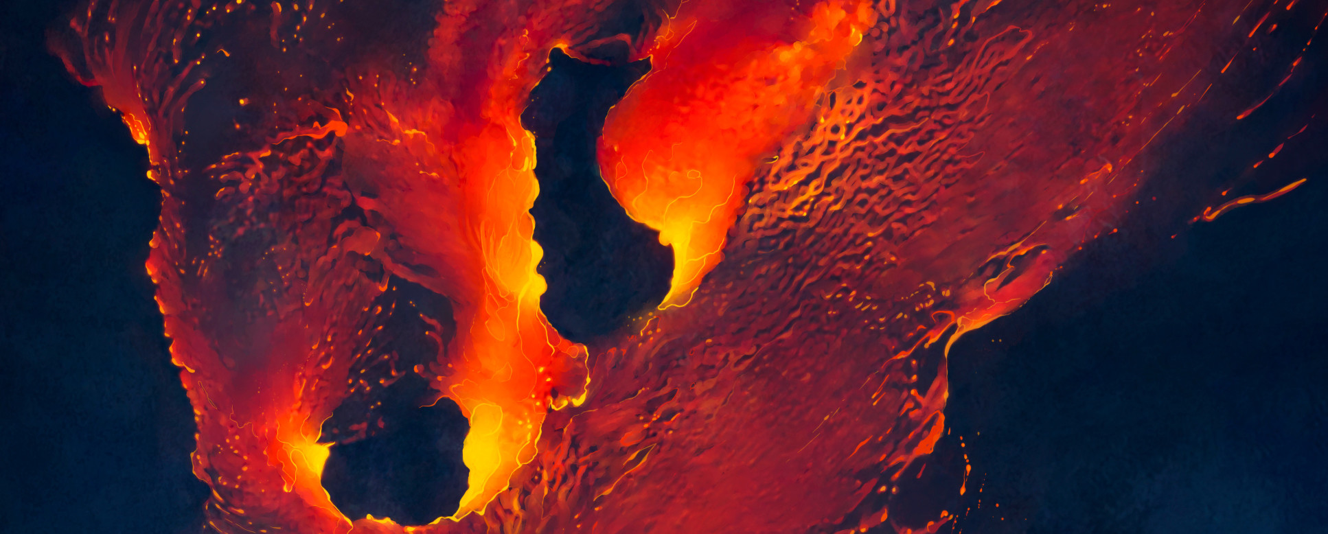 Up close photo of bright orange magma flowing along a black surface