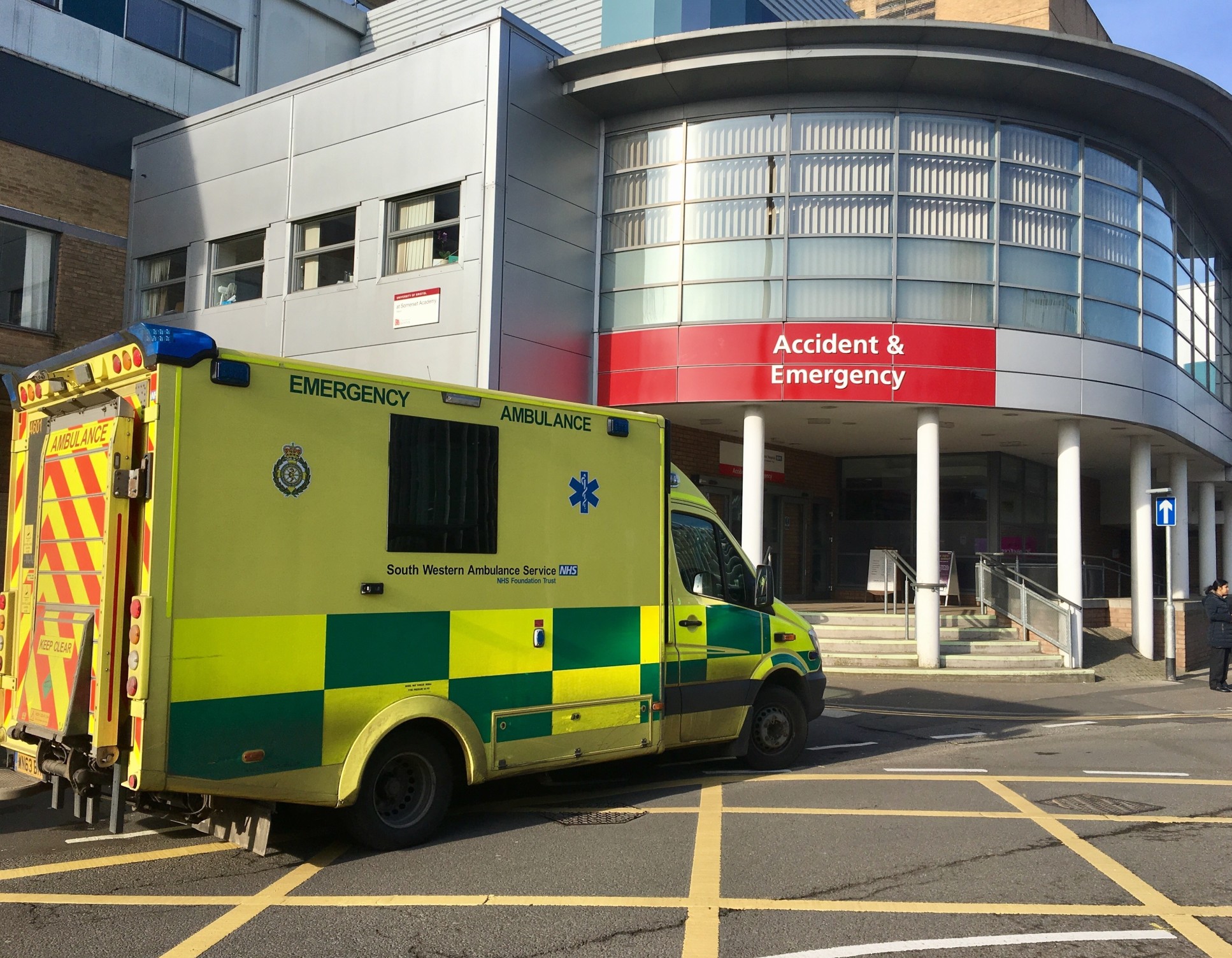 An NHS ambulance outside an A&E department